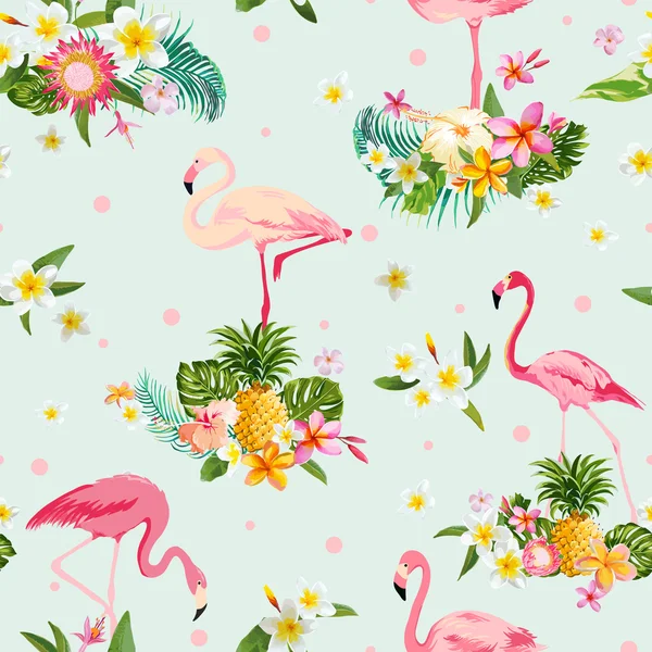 Flamingo Bird and Tropical Flowers Background - Retro seamless pattern — Stock Vector