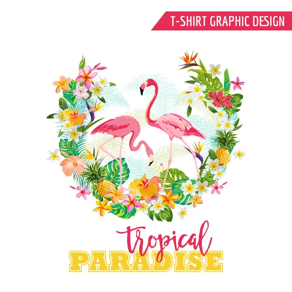 Design Gráfico Tropical - Flamingo e Flores Tropicais - para t-shirt — Vetor de Stock