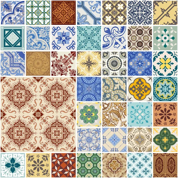 Colorato senza cuciture Patchwork Pattern - Spagna e marocchino Piastrelle Set — Vettoriale Stock