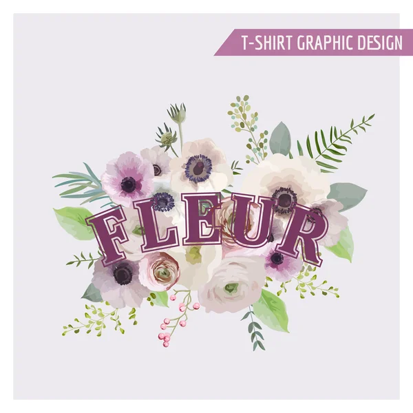 Diseño Gráfico Floral Shabby Chic - para camisetas, moda, estampados — Vector de stock