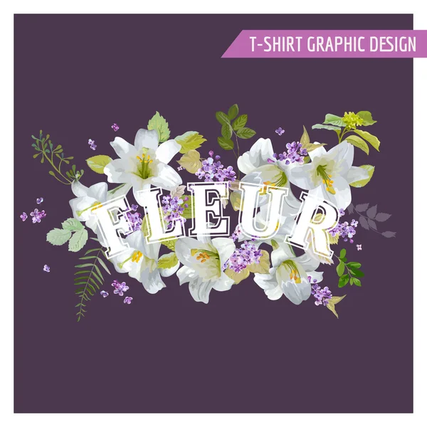 Diseño Gráfico Floral Lily Shabby Chic - para camisetas, moda, estampados — Archivo Imágenes Vectoriales