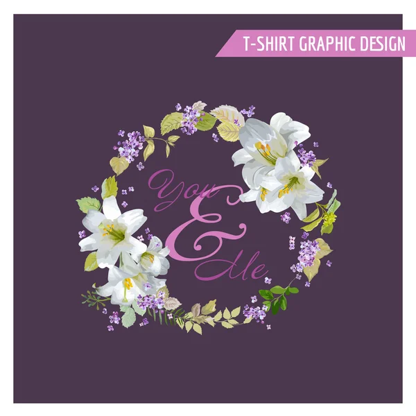 Diseño Gráfico Floral Lily Shabby Chic - para camisetas, moda, estampados — Vector de stock