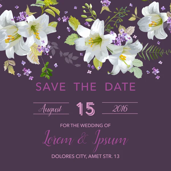 Tarjeta de invitación de boda - con fondo de flor de lirio floral — Archivo Imágenes Vectoriales