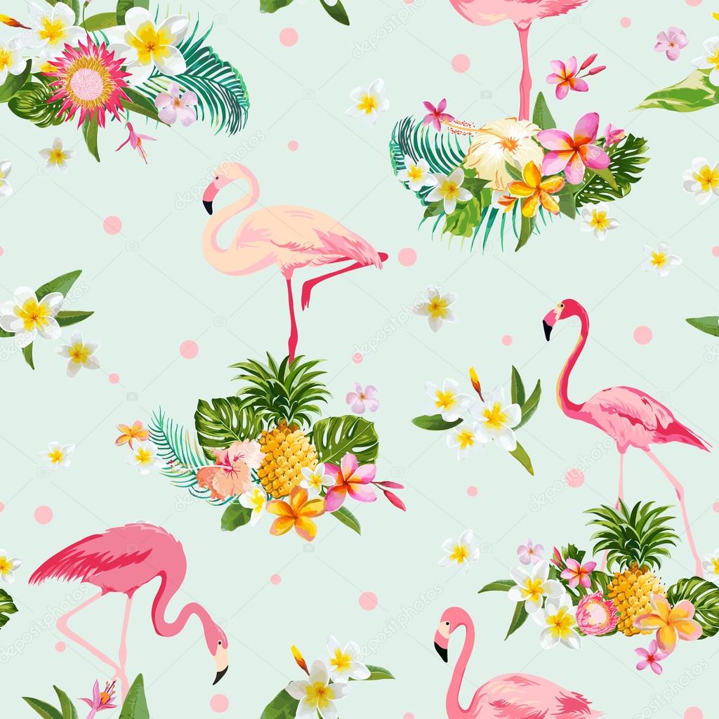 Flamingo Bird and Tropical Flowers Background - Retro seamless pattern