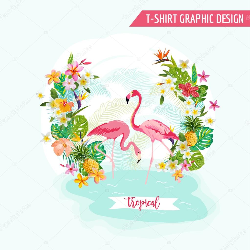 Tropical Graphic Design - Flamingo and Tropical Flowers - for t-shirt