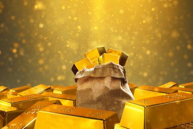 Parlayan sihirli parıltı efektiyle çuvaldaki parlak altın külçeler.