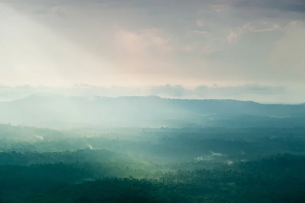 Zonlicht schijnt door de wolken in de bergen en het bos Stockfoto