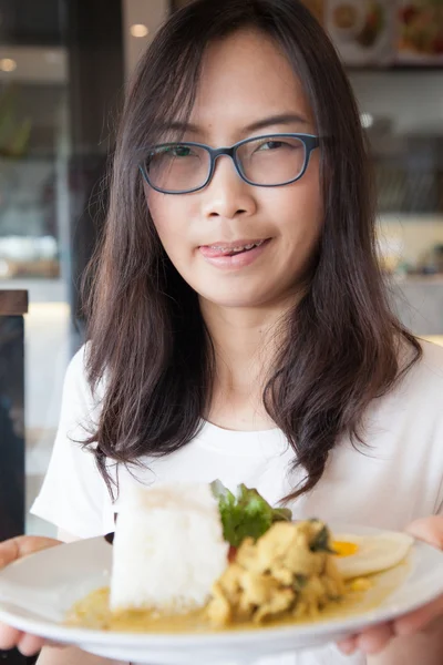 Asia woman hold thai food. — Stock Photo, Image