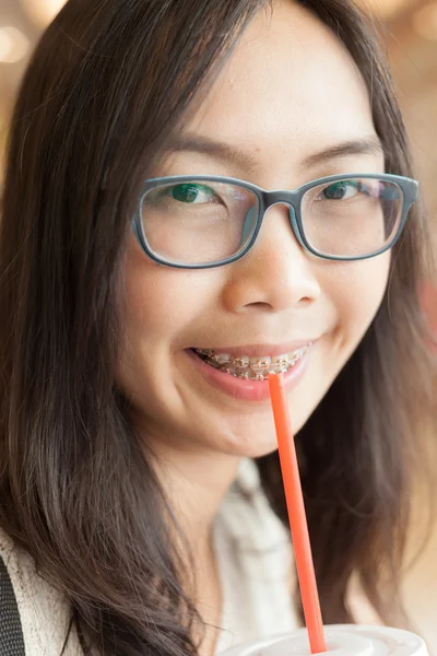 Woman drink ice milk. — Stock Photo, Image