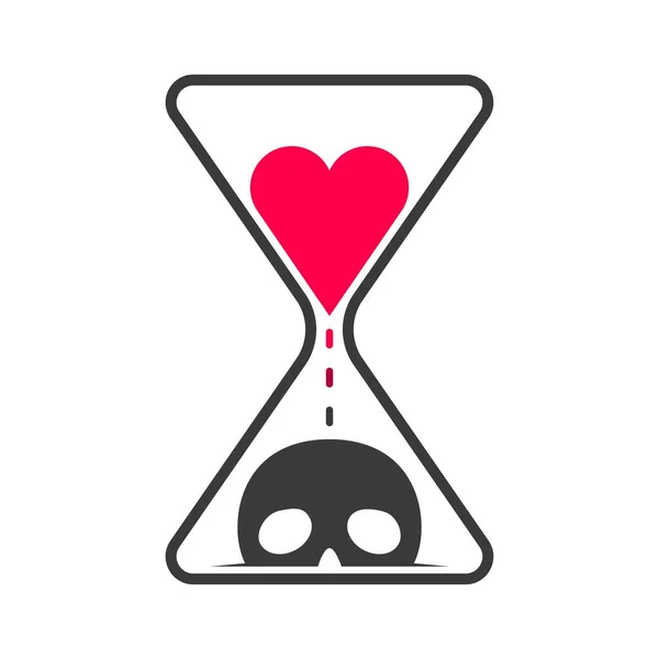 Icono de reloj de arena con el corazón fluyendo en el cráneo — Vector de stock