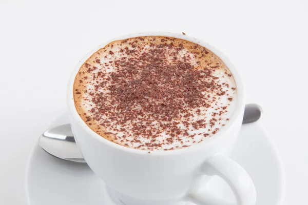Copo Branco Cappuccino Com Belo Padrão Isolado Fundo — Fotografia de Stock