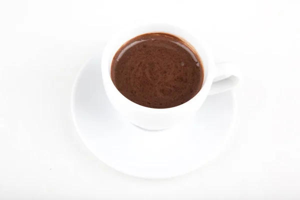 Pequena Xícara Chocolate Quente Uma Placa Branca Uma Xícara Branca — Fotografia de Stock