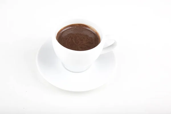 Pequena Xícara Chocolate Quente Uma Placa Branca Uma Xícara Branca — Fotografia de Stock