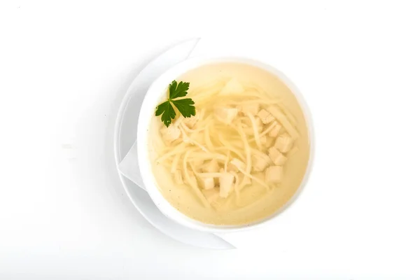 Brodo Pollo Con Tagliatelle Fatte Casa Piatto Bianco Piatto Bianco — Foto Stock