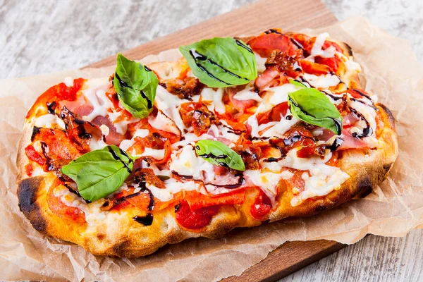 Pincers Fluffy Dough Bacon Sun Dried Tomatoes Cheese Tomato Sauce — Stock Photo, Image