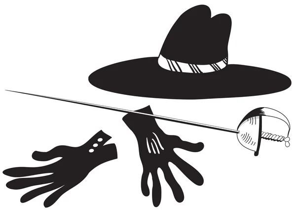 Sombrero negro con guantes y epee — Archivo Imágenes Vectoriales