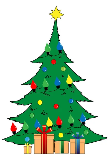 Grote Kerstboom Met Bloemenslinger Geschenken — Stockvector