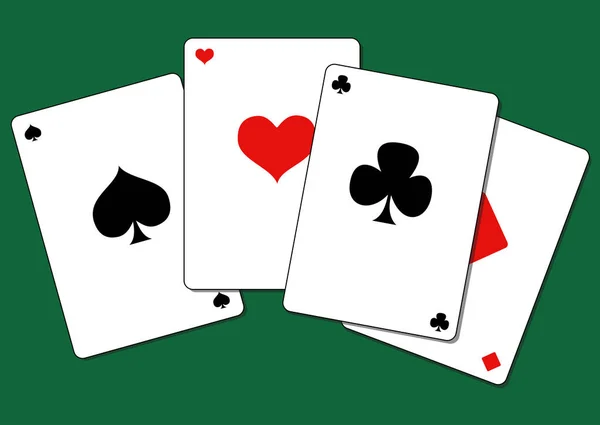 Ilustrace Čtyř Hracích Karet Zeleném Pozadí — Stockový vektor