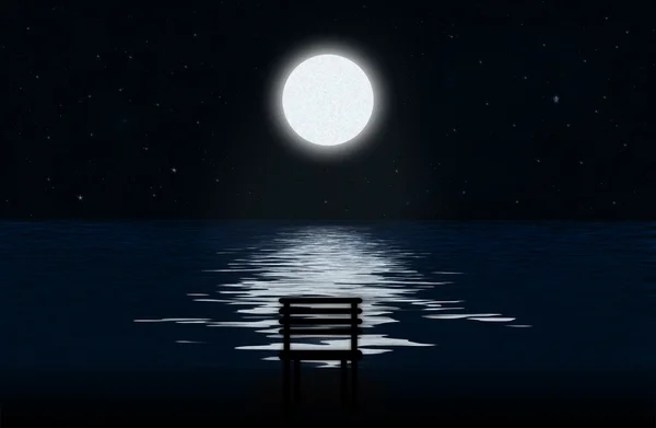 A lua, caminho iluminado pela lua e silhueta de cadeira — Fotografia de Stock