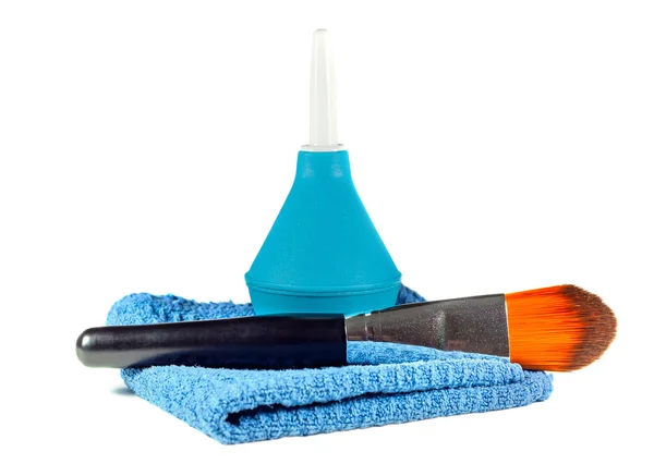 Enema e escova e pano cosmético — Fotografia de Stock