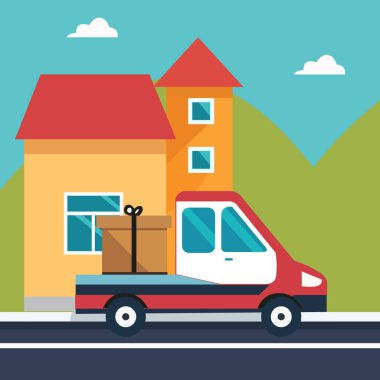 Evlerin ve doğanın arka planına karşı hediye kutusu taşıyan bir araba tasviri.