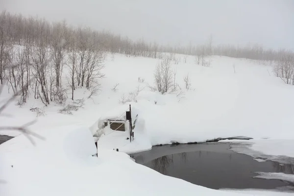 Whinter flod i snö, gren i hoar — Stockfoto