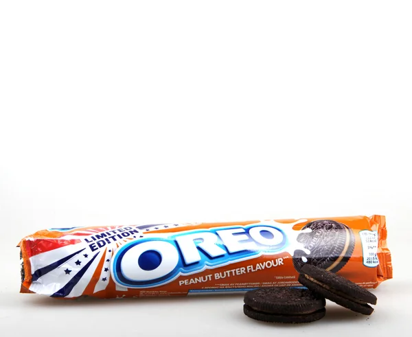 AYTOS, BULGARIA - MARCH 12, 2016: Oreo isolated on white background. Oreo is a sandwich cookie consisting of two chocolate disks with a sweet cream filling in between. — Stock Photo, Image