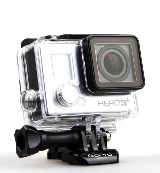 Aytos, Bulgaristan - 12 Mart 2016: Gopro Hero3 + siyah beyaz arka plan üzerinde izole Edition. GoPro HD kişisel kameralar, genellikle aşırı eylem video fotoğrafçılıkta kullanılan markasıdır.. — Stok fotoğraf