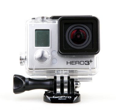 Aytos, Bulgaristan - 07 Temmuz 2016: Gopro Hero3 + siyah beyaz arka plan üzerinde izole Edition. GoPro HD kişisel kameralar, genellikle aşırı eylem video fotoğrafçılıkta kullanılan markasıdır..
