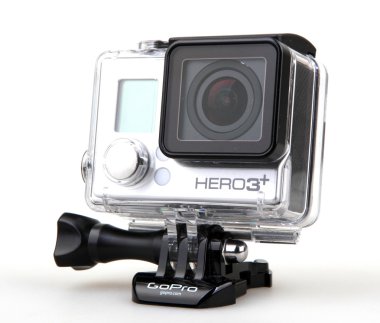 Aytos, Bulgaristan - 07 Temmuz 2016: Gopro Hero3 + siyah beyaz arka plan üzerinde izole Edition. GoPro HD kişisel kameralar, genellikle aşırı eylem video fotoğrafçılıkta kullanılan markasıdır..