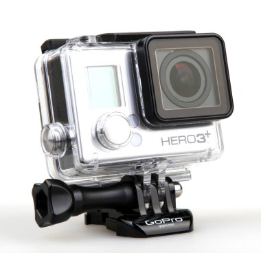 Aytos, Bulgaristan - 07 Temmuz 2016: Gopro Hero3 + siyah beyaz arka plan üzerinde izole Edition. GoPro HD kişisel kameralar, genellikle aşırı eylem video fotoğrafçılıkta kullanılan markasıdır..