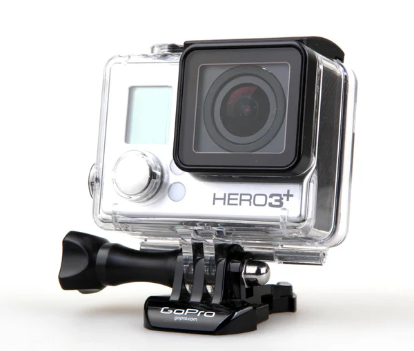 Aytos, Bulgaristan - 07 Temmuz 2016: Gopro Hero3 + siyah beyaz arka plan üzerinde izole Edition. GoPro HD kişisel kameralar, genellikle aşırı eylem video fotoğrafçılıkta kullanılan markasıdır.. — Stok fotoğraf