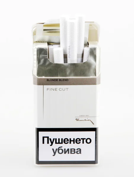 AYTOS, BULGARIA - JULY 07, 2016: Pack of Dunhill cigarettes. Dunhill cigarettes are a luxury brand of cigarettes made by the British American Tobacco company. — Stock Photo, Image