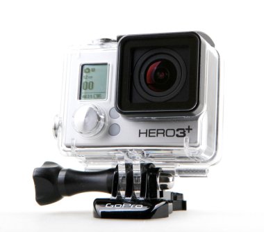 Aytos, Bulgaristan - 15 Ekim 2014: Gopro Hero3 Black Edition beyaz arka plan üzerinde izole. GoPro HD kişisel kameralar, genellikle aşırı eylem video fotoğrafçılıkta kullanılan markasıdır..