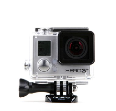 Aytos, Bulgaristan - 15 Ekim 2014: Gopro Hero3 Black Edition beyaz arka plan üzerinde izole. GoPro HD kişisel kameralar, genellikle aşırı eylem video fotoğrafçılıkta kullanılan markasıdır..