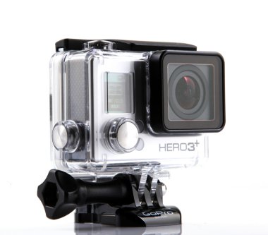 Aytos, Bulgaristan - Januari 04, 2015: Gopro Hero3 Black Edition beyaz arka plan üzerinde izole. GoPro HD kişisel kameralar, genellikle aşırı eylem video fotoğrafçılıkta kullanılan markasıdır..