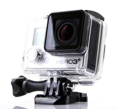 Aytos, Bulgaristan - Januari 04, 2015: Gopro Hero3 Black Edition beyaz arka plan üzerinde izole. GoPro HD kişisel kameralar, genellikle aşırı eylem video fotoğrafçılıkta kullanılan markasıdır..