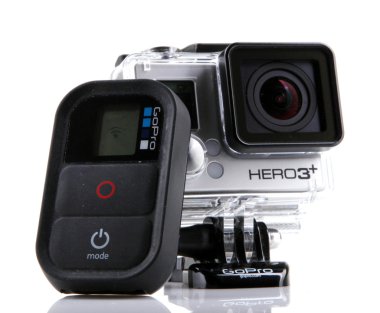 Aytos, Bulgaristan - Januari 04, 2015: Gopro Hero3 Black Edition beyaz arka plan üzerinde izole. GoPro HD kişisel kameralar, genellikle aşırı eylem video fotoğrafçılıkta kullanılan markasıdır..