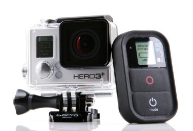 Aytos, Bulgaristan - Januari 04, 2015: Gopro Hero3 Black Edition beyaz arka plan üzerinde izole. GoPro HD kişisel kameralar, genellikle aşırı eylem video fotoğrafçılıkta kullanılan markasıdır..