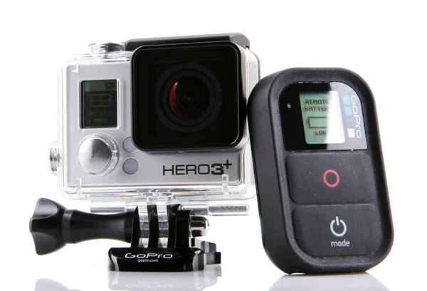 Aytos, 불가리아-년 1 월 04, 2015: Gopro Hero3 블랙 에디션 흰색 배경에 고립. Gopro hd 개인 카메라, 극단적인 액션 비디오 사진에서 자주 사용 한다의 브랜드입니다.. — 스톡 사진