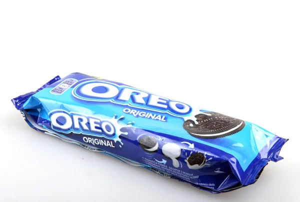 AYTOS, BULGARIA - APRIL 03, 2015: Oreo isolated on white background. Oreo is a sandwich cookie consisting of two chocolate disks with a sweet cream filling in between. — Stock Photo, Image