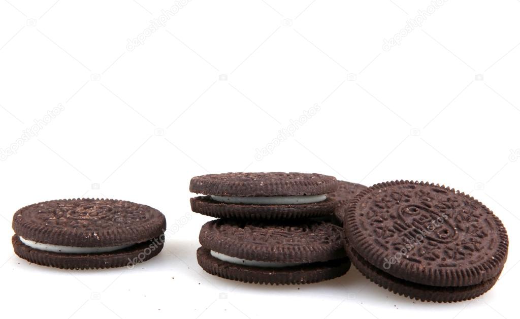 AYTOS, BULGARIA - APRIL 03, 2015: Oreo isolated on white background. Oreo is a sandwich cookie consisting of two chocolate disks with a sweet cream filling in between.