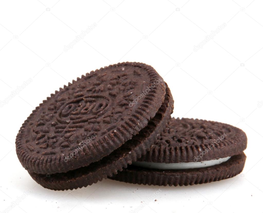 AYTOS, BULGARIA - APRIL 03, 2015: Oreo isolated on white background. Oreo is a sandwich cookie consisting of two chocolate disks with a sweet cream filling in between.