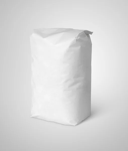Biały papier pusty worek pakiet mąki na szaro — Zdjęcie stockowe
