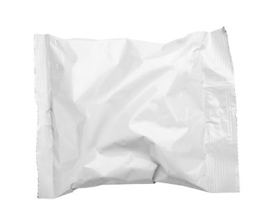 Boş buruşuk plastik torba gıda ambalaj üzerinde beyaz izole Üstten Görünüm