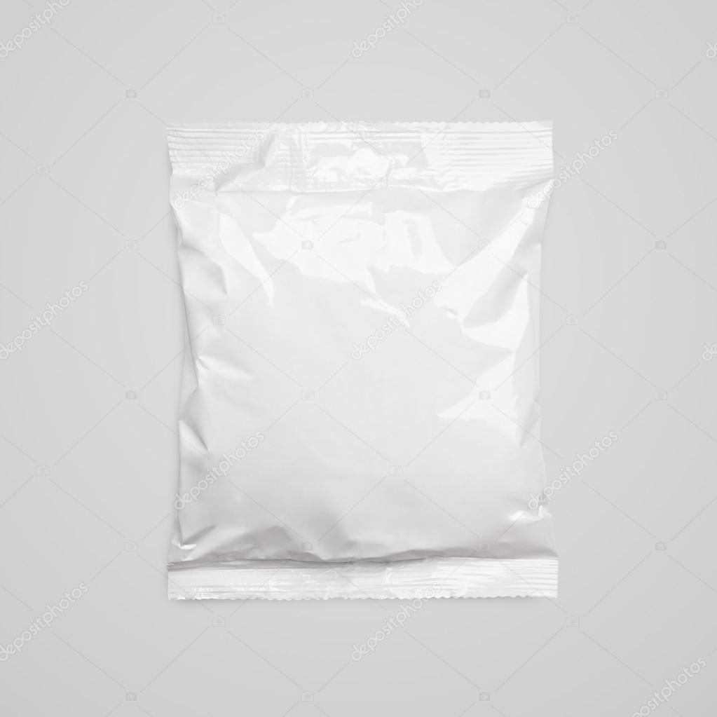 Top view of blank plastic pouch food packaging on gray