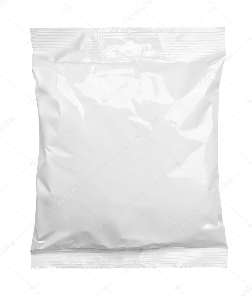 Top view of blank plastic pouch food packaging isolated on white