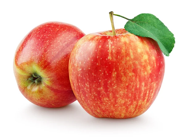 与叶上白色隔离的两个红苹果 — 图库照片