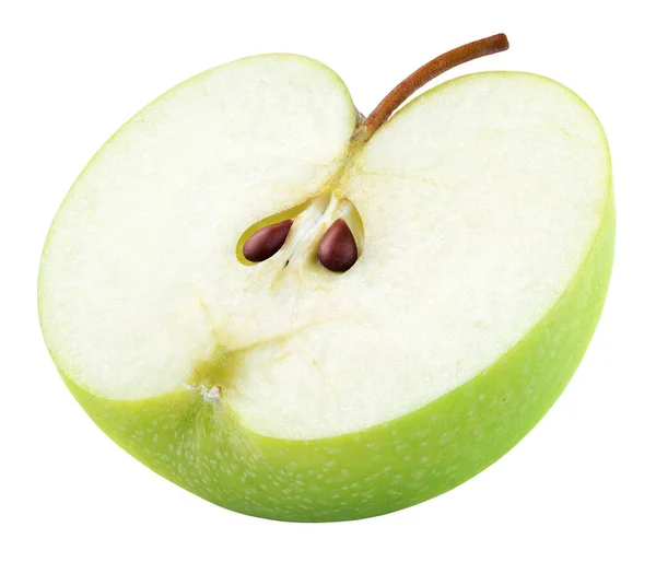 Groene Appel Helft Met Zaden Stam Geïsoleerd Witte Achtergrond Helft Rechtenvrije Stockfoto's