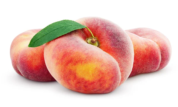 Chinese flat donut peaches with leaf on white — Stock Photo, Image